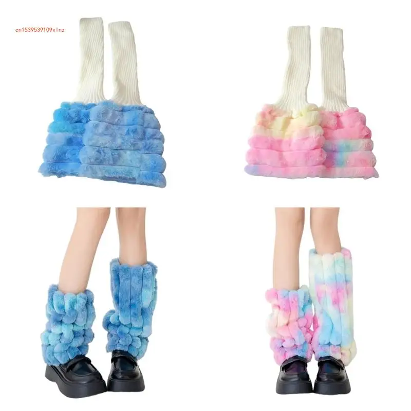 

Winter Knitted Plush Leg Warmers for Women Tie Dye Furry Boot Covers Cuffs Socks