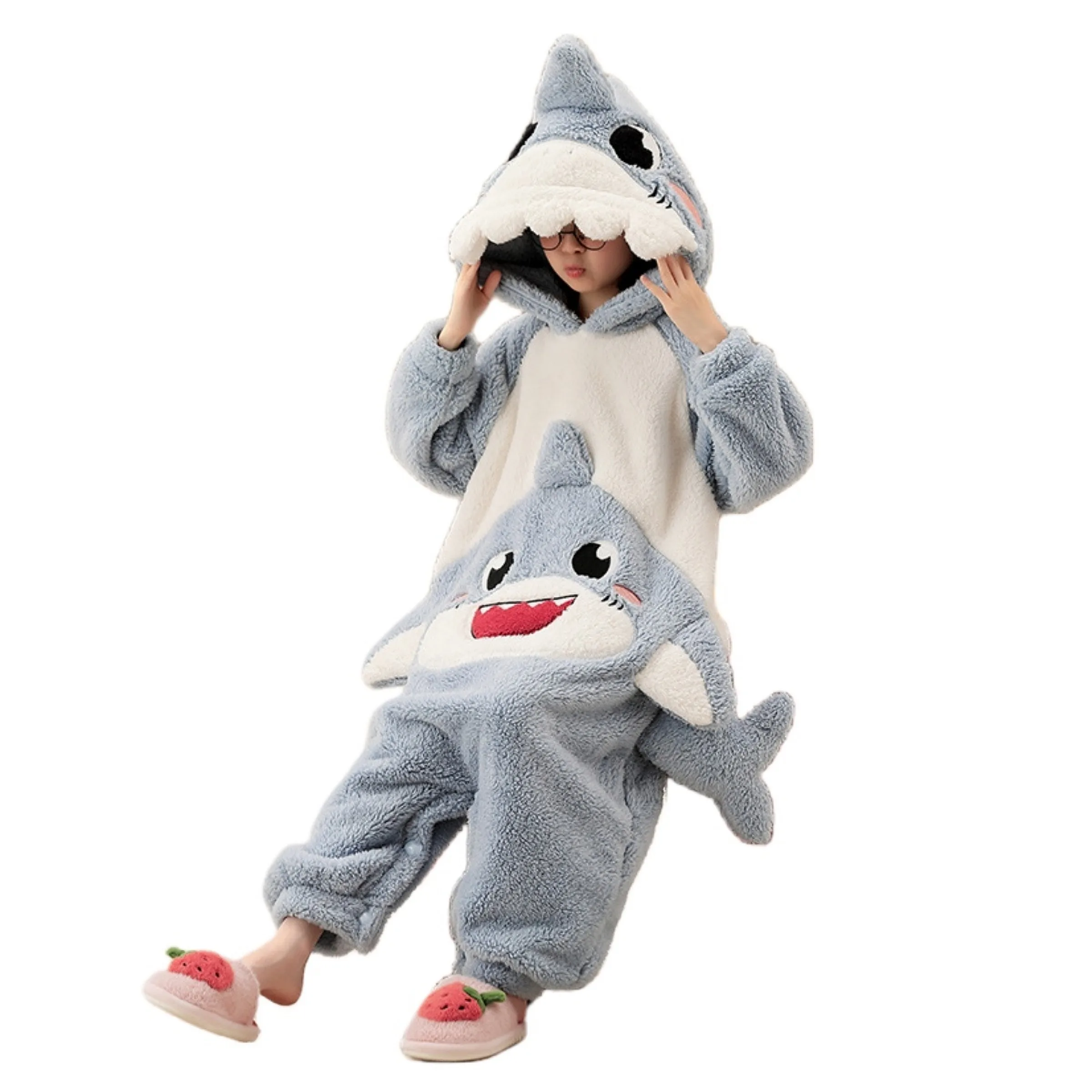 Unisex Kids Shark Animal Costume Cute Hooded One Piece Plush Pajamas Jumpsuit for Christmas Winter Sleepwear