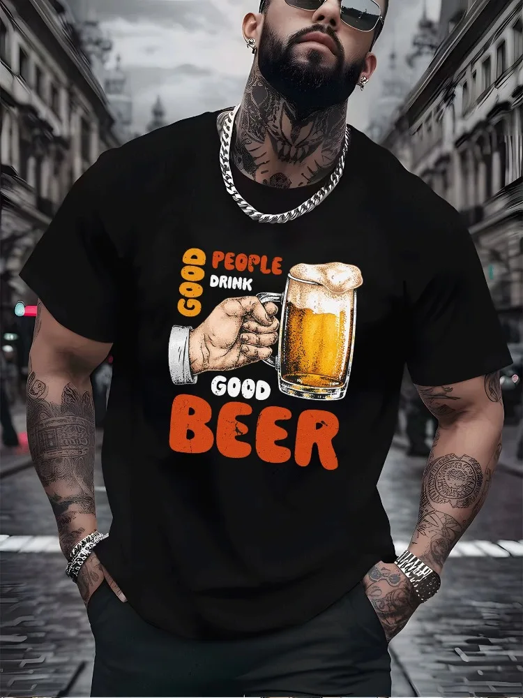 Fun Beer Lover Mens White Short Sleeve Tshirt Vintage Hand Grab Beer Glass Good Beer Text Print Breathable Daily Cotton Tops