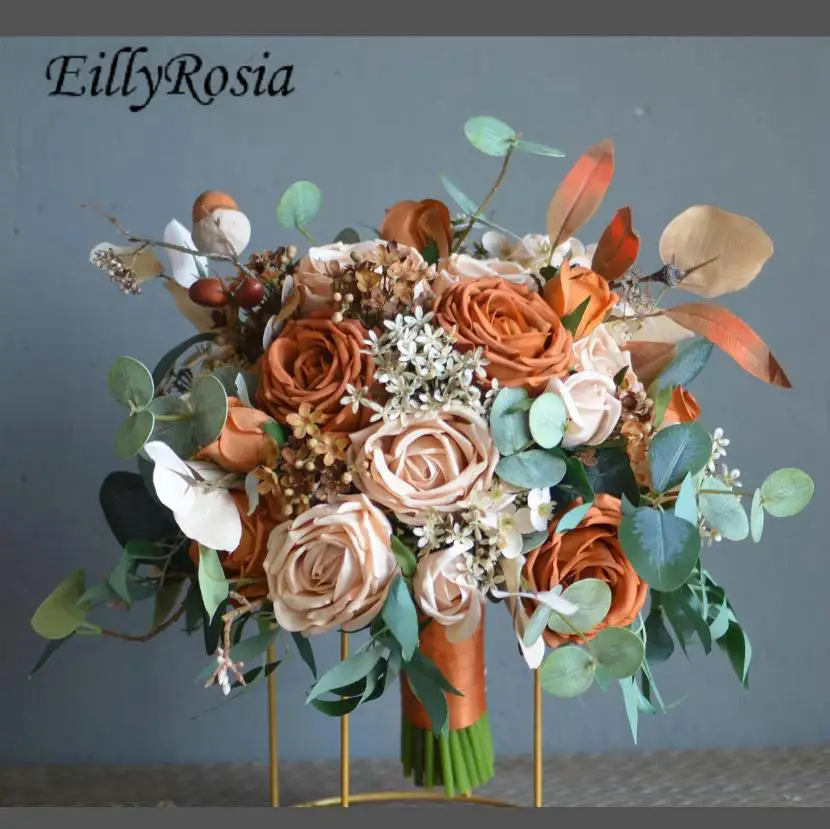 

EillyRosia Autumn Caramel Color Pink Country Destination Wedding Flowers Eucalypse Bridesmaid Bridal Bouquet Flower Set