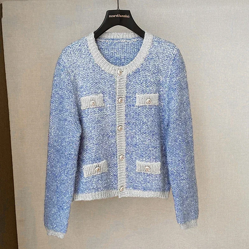 Boreathiman 2024 Pink Blue White Knitted Cardigan Sweater Women O-neck Long Sleeve Knitted Sweater Autumn Winter Coat Clothes