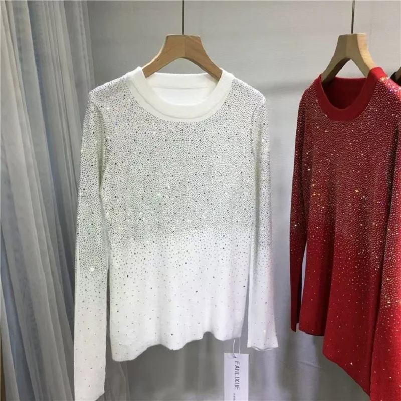 New In Bling Diamonds Hot Drilling O-neck Knitted Pullover Top Long Sleeve Casual Sweater All-match Autumn Winter Sweater