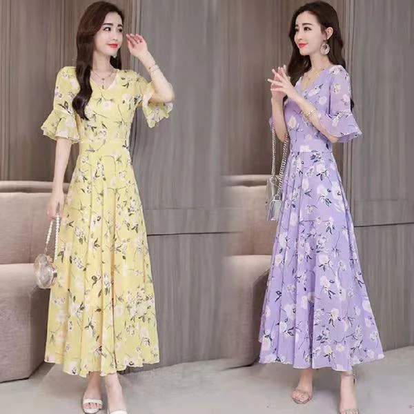 

Cleanfit Style Long Dress Women's Midlife Summer Lotus Dress Short Sleeve round Neck Tshirt Dress Polyester Fiber PVC Fabric