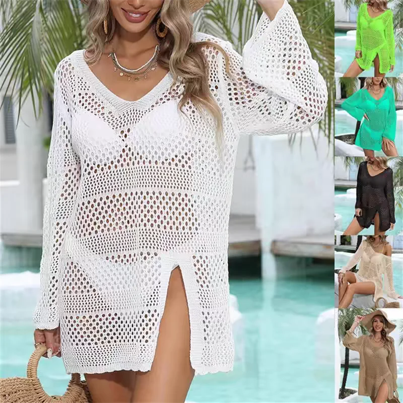 

Women's Beach Cover Up Dress 2024 - V Neck Boho Crochet Kimono Sheer Long Sleeve Sun Protection Resort Wear Tunic
