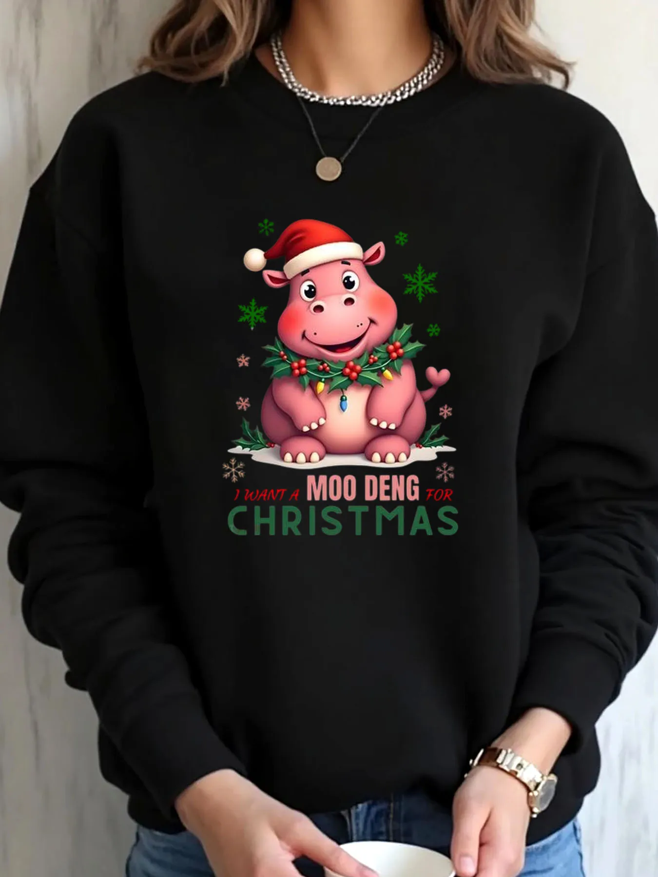 

Женская толстовка большого размера с рождественским принтом Hippo Moo Deng, уличная одежда