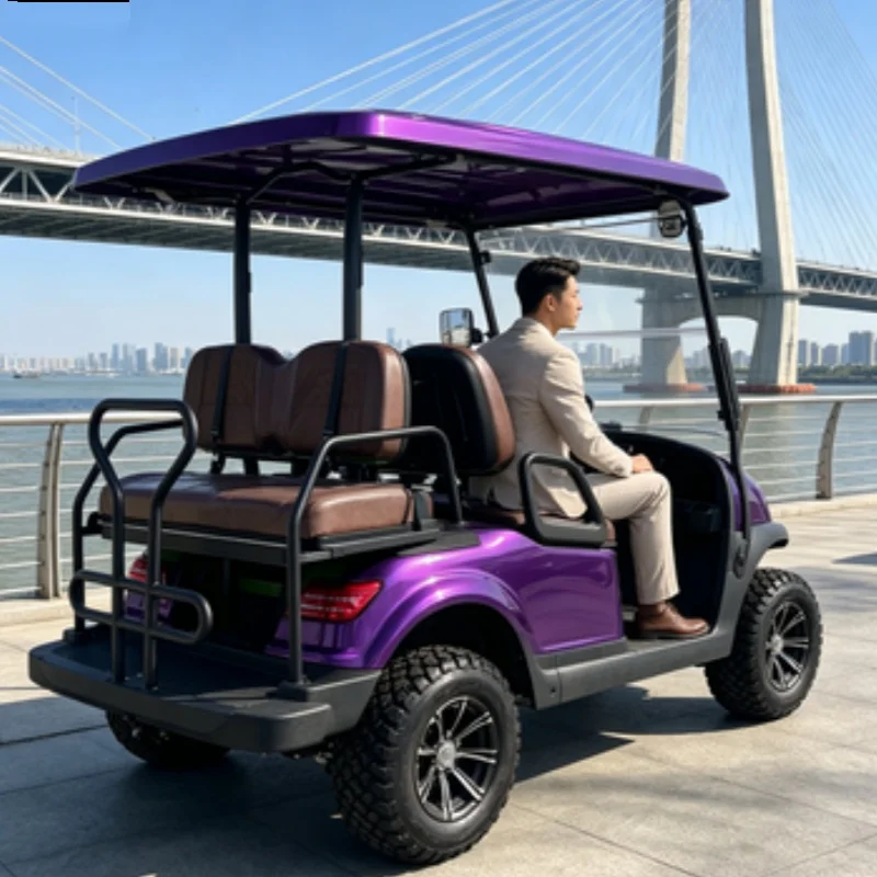 4 Seater Electric Golf Cart Off Road LED Headlights All Terrain Tires For Beach Resort Hotel Soundbar Custom Roof Light Strip