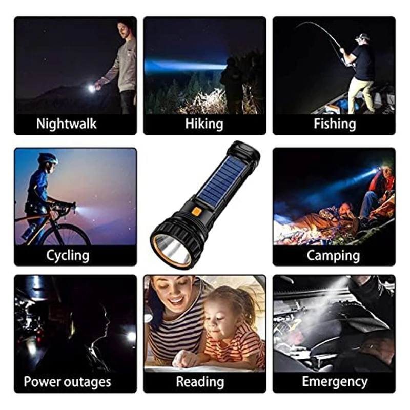 Solar recarregável multi função lanterna LED, impermeável, luz estroboscópica de emergência, cabo de carregamento USB, carregamento rápido, durável