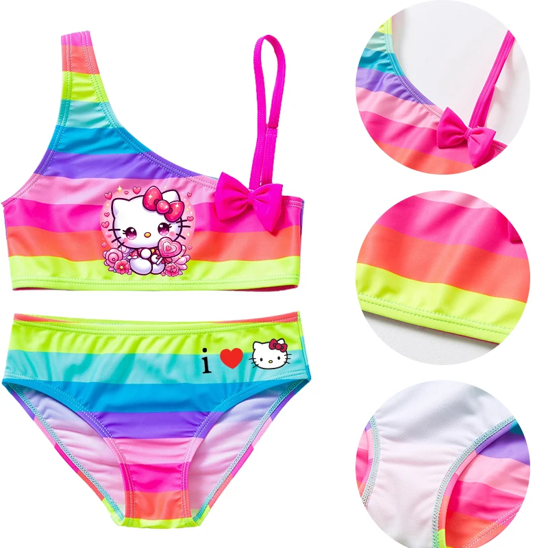 Hello Kitty Girl strój kąpielowy dziecięcy letni kostium kąpielowy strój kąpielowy z kokardką Tankini dwuczęściowy garnitur modna odzież strój bikini do pływania