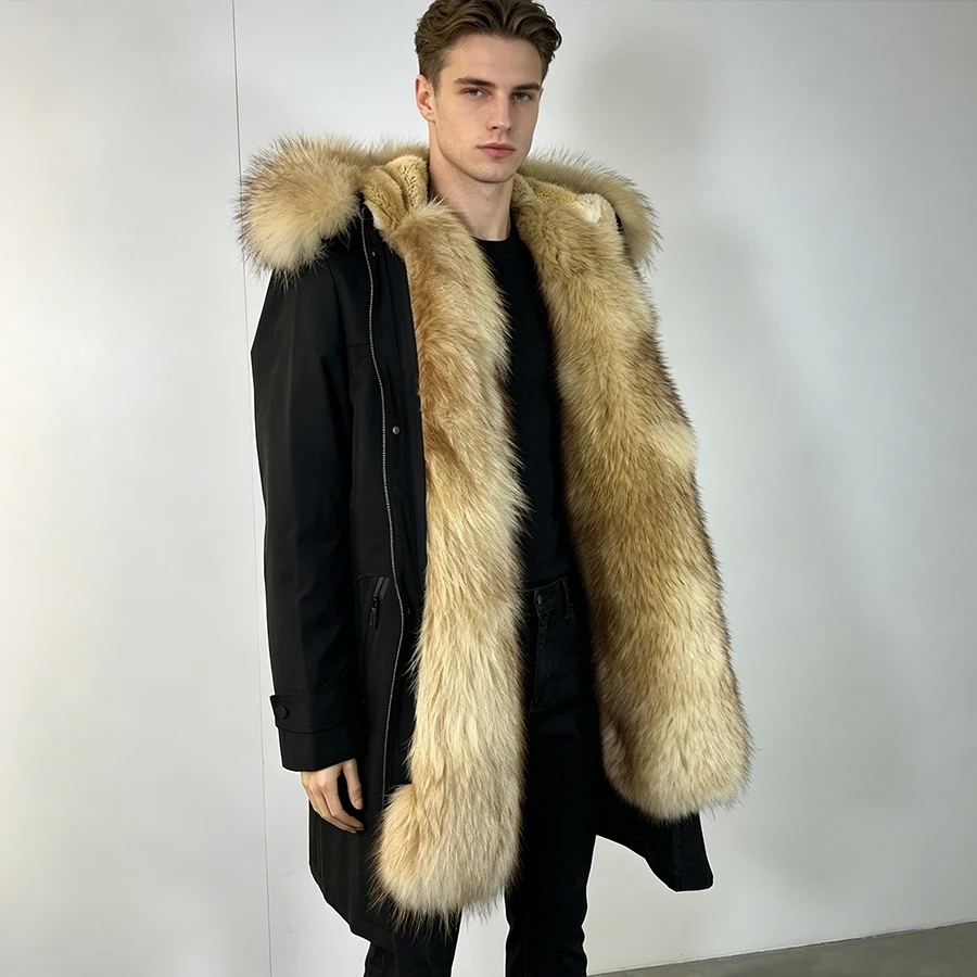 

Real Raccoon Fur Parka Men's Natural Muskrat Fur Jacket Winter Long Hooded Fur Jacket High Quality Genuine Fur Jacket