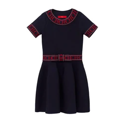 Letter Print Design Fashionable and Classic Girl's Solid Color Dress Retro and Versatile Slim Fit Dress