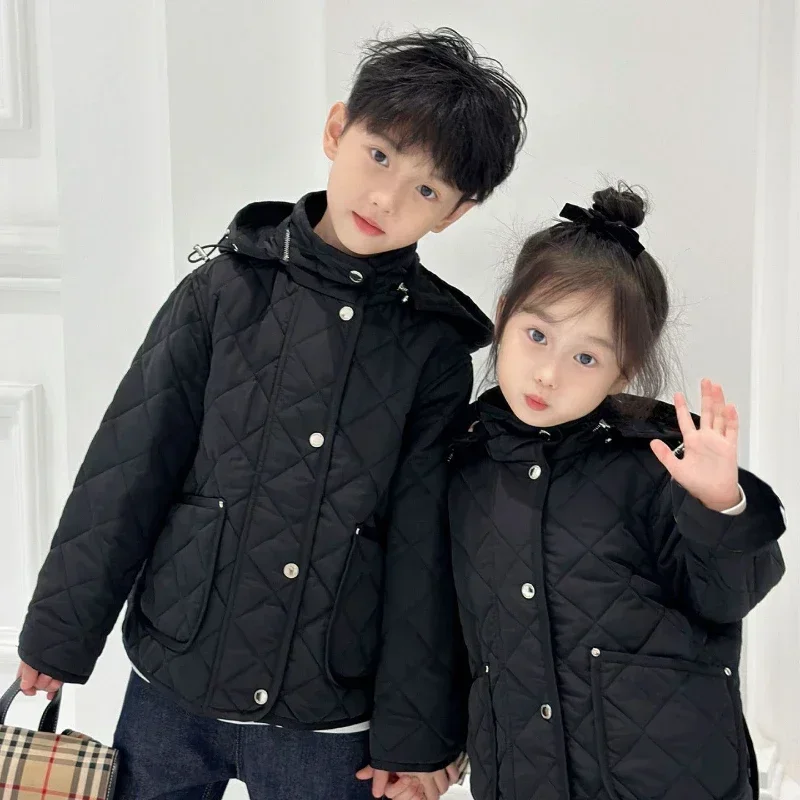 2024 Korean Boys Girls Stand Collar Hooded Cotton Children's Coatwinter Waterproof Thick Warm Parent-Child Winter Outerwear