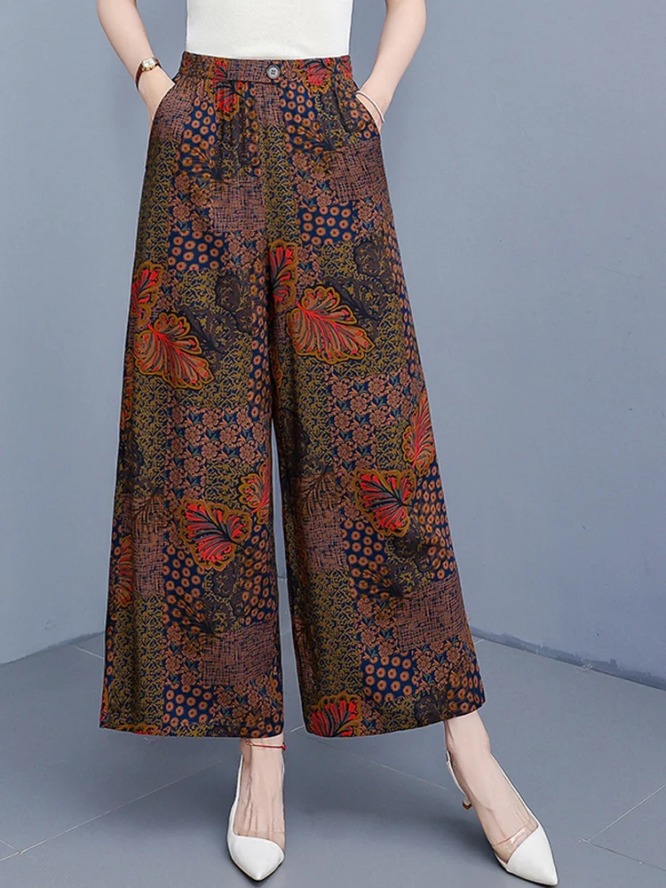 New Summer Cotton Silk Wide Leg Pants High Waist Drape Smooth Thin Ladies Loose Fit Breathable Casual Trousers
