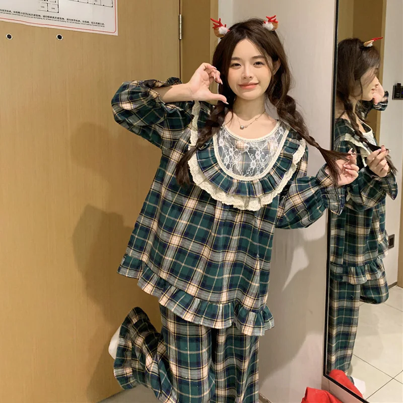 Home New Christmas Green Cotton Lace Plaid Sweet Winter Long Sleeve Pajama Set Women Soft  Stripe Loose Princess Sleepwear Ins