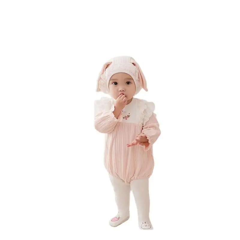 Spring Autumn Cute Long Sleeve Baby Clothing with a Bunny Hat Fashion Pink Romper Newborn Cotton One-Pieces Bodysuits 0-18M