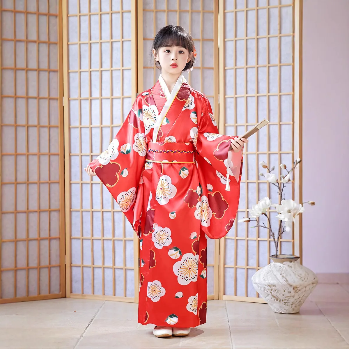 

Print Flower Japan Kimono Gown Kids Girls Traditional Asian Clothes Halloween Cosplay Costumes Performance Costume