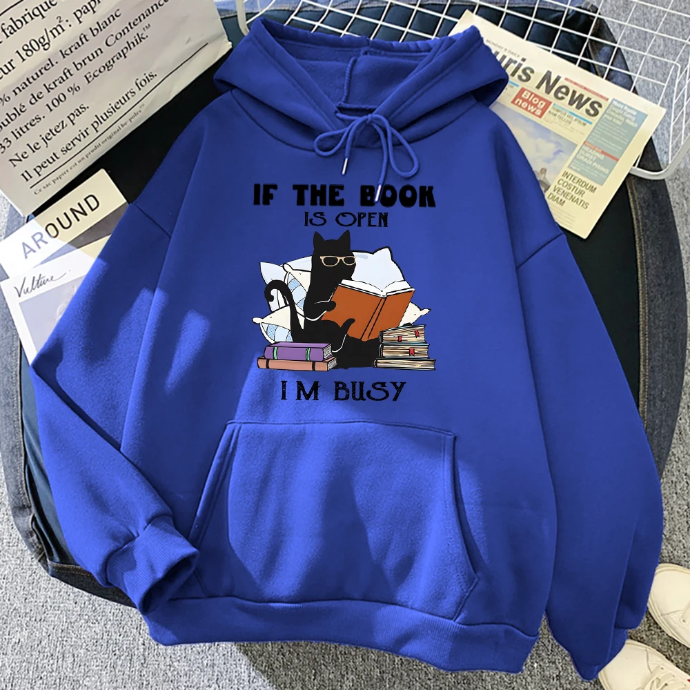 If The Book Is Open I'm Busy Black Cat Hoody Women Casual Crewneck Hoodies Fashion Loose Clothes Fleece Pullover Sweatshirt