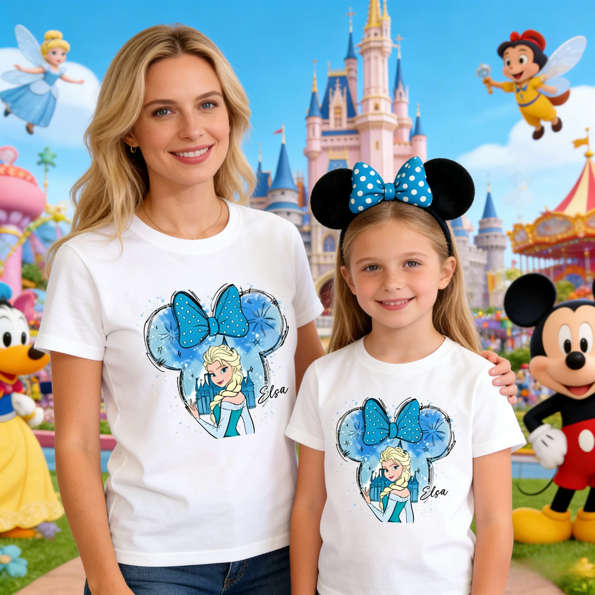 Disney Frozen Elsa Mickey Ear Bow T-Shirt, Ice Castle Matching Family Tees, Blue Snowflake Mommy and Me Short Sleeve Tops