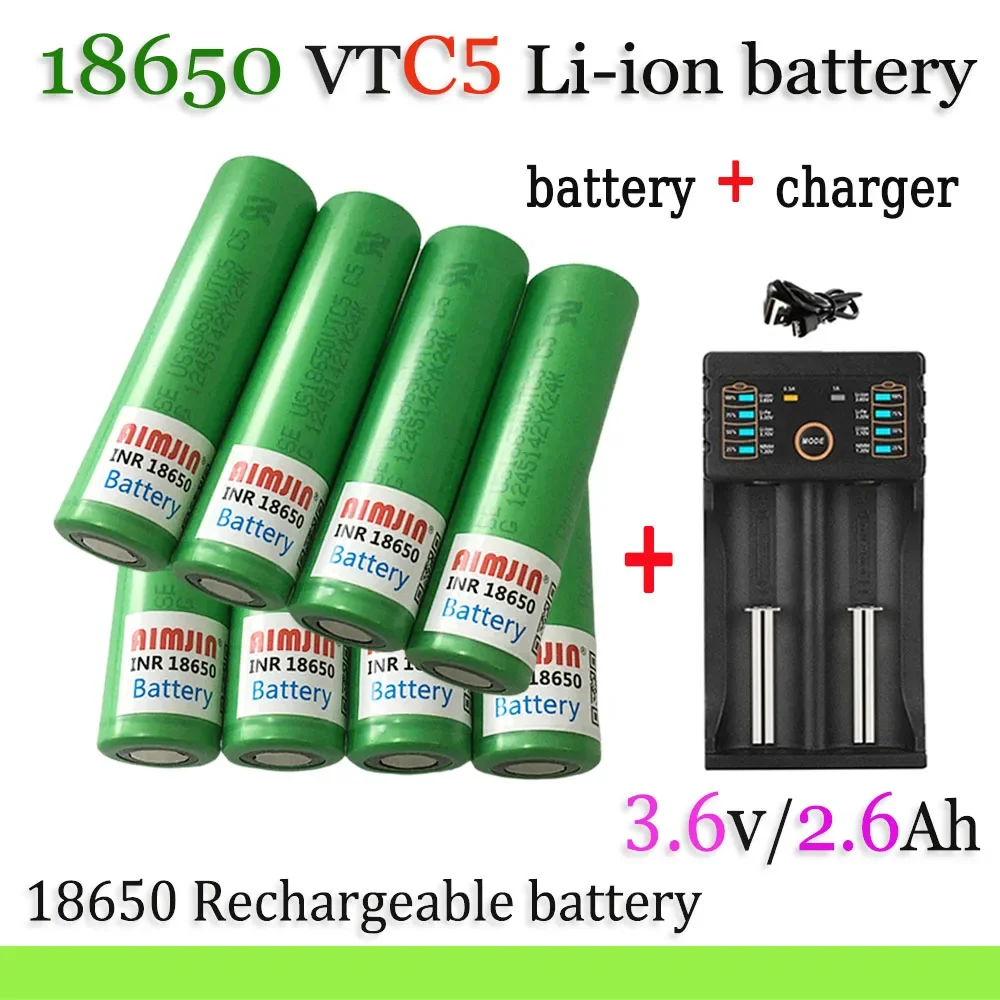 

New original 18650 VTC5 3.6V 2600mAh battery For Us 18650 30A toys tools flashlight battery+USB Charger