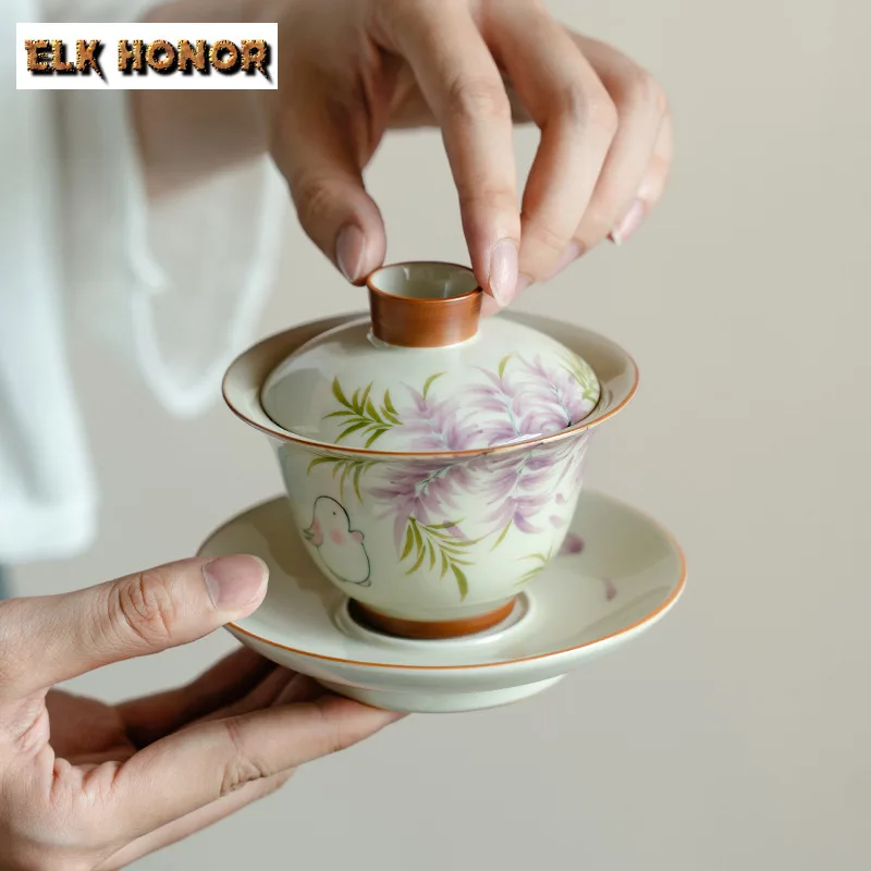 145ML Hand Drawn Cute Rabbit Gaiwan Female Wisteria Flower Tea Tureen Household Tea Maker Cover Bowl Japanese Kung Fu Teaware