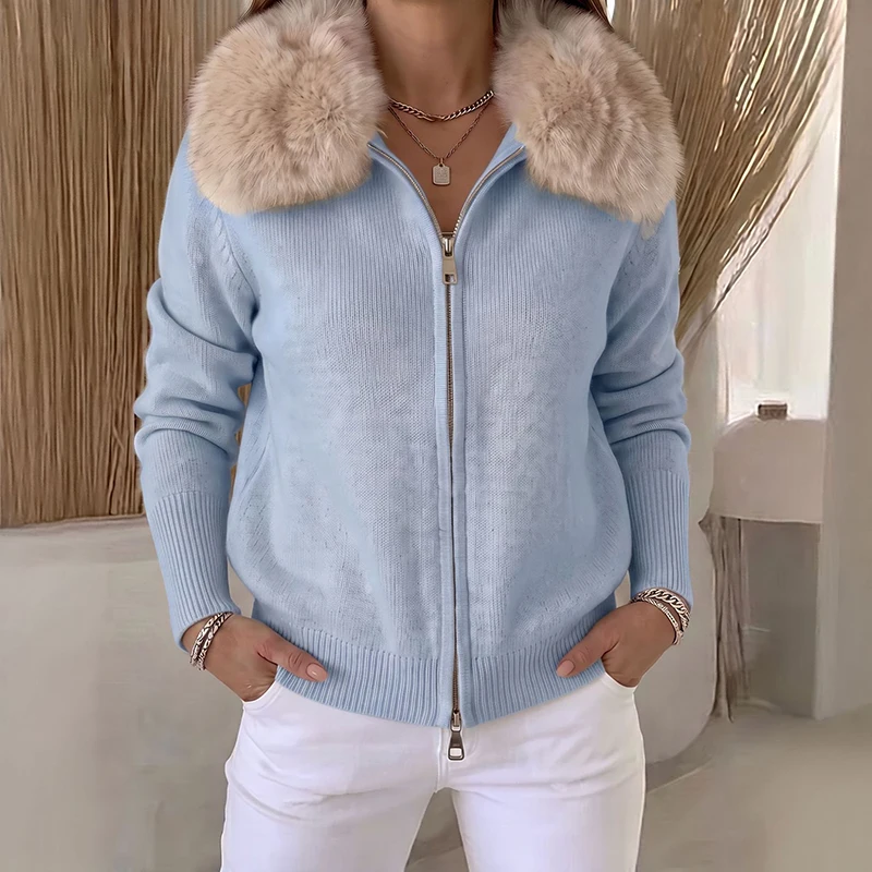 Fashion Fur Collar Zipper Up Cardigans Women Autumn Winter Knitted Long Sleeve Sweater Coats Woman Solid Color Warm Carsigan