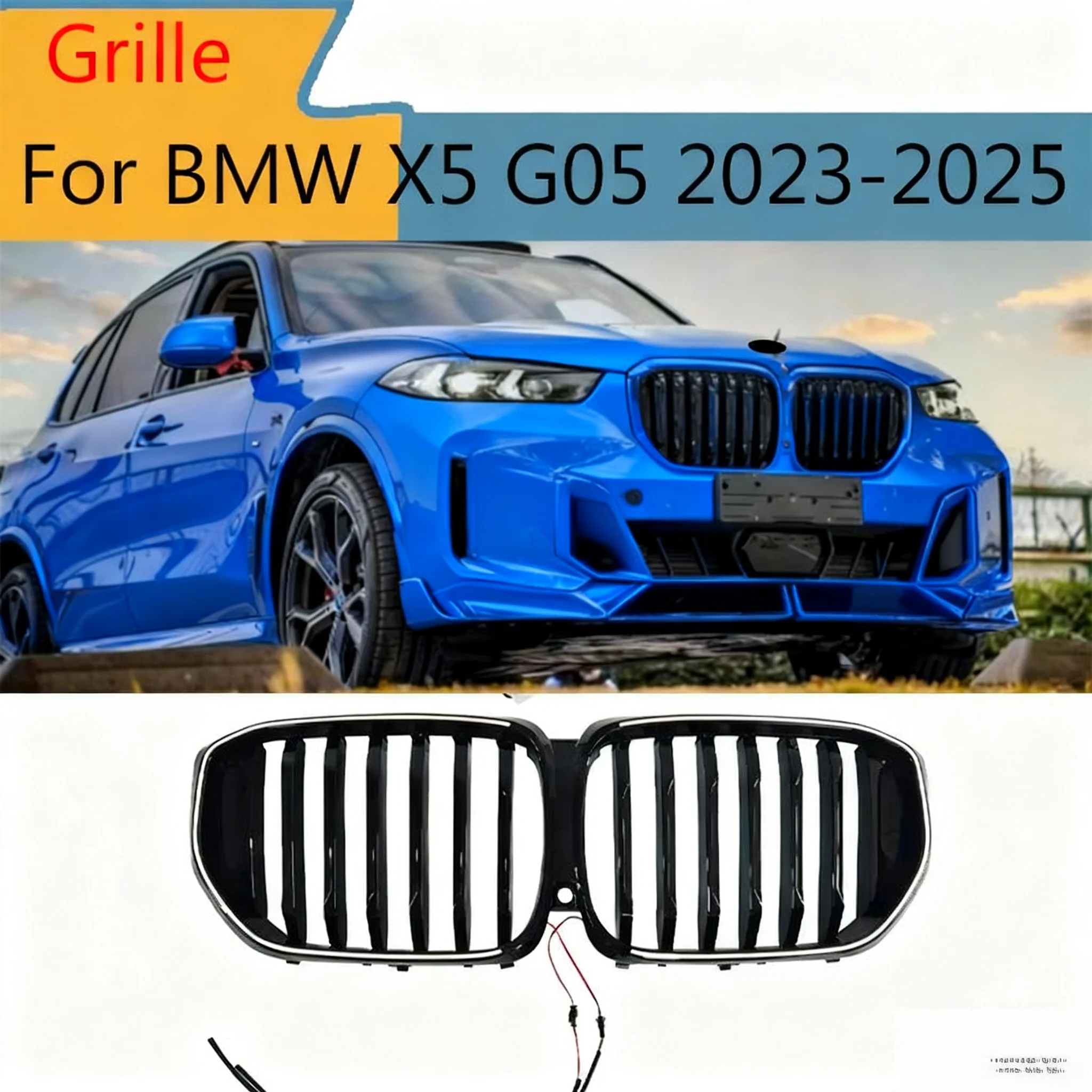 

For 2023-2025 BMW X5 G05 Front Grille Gloss Black Single Slat Glow Kidney Grill with LED Light Car Styling Accessories