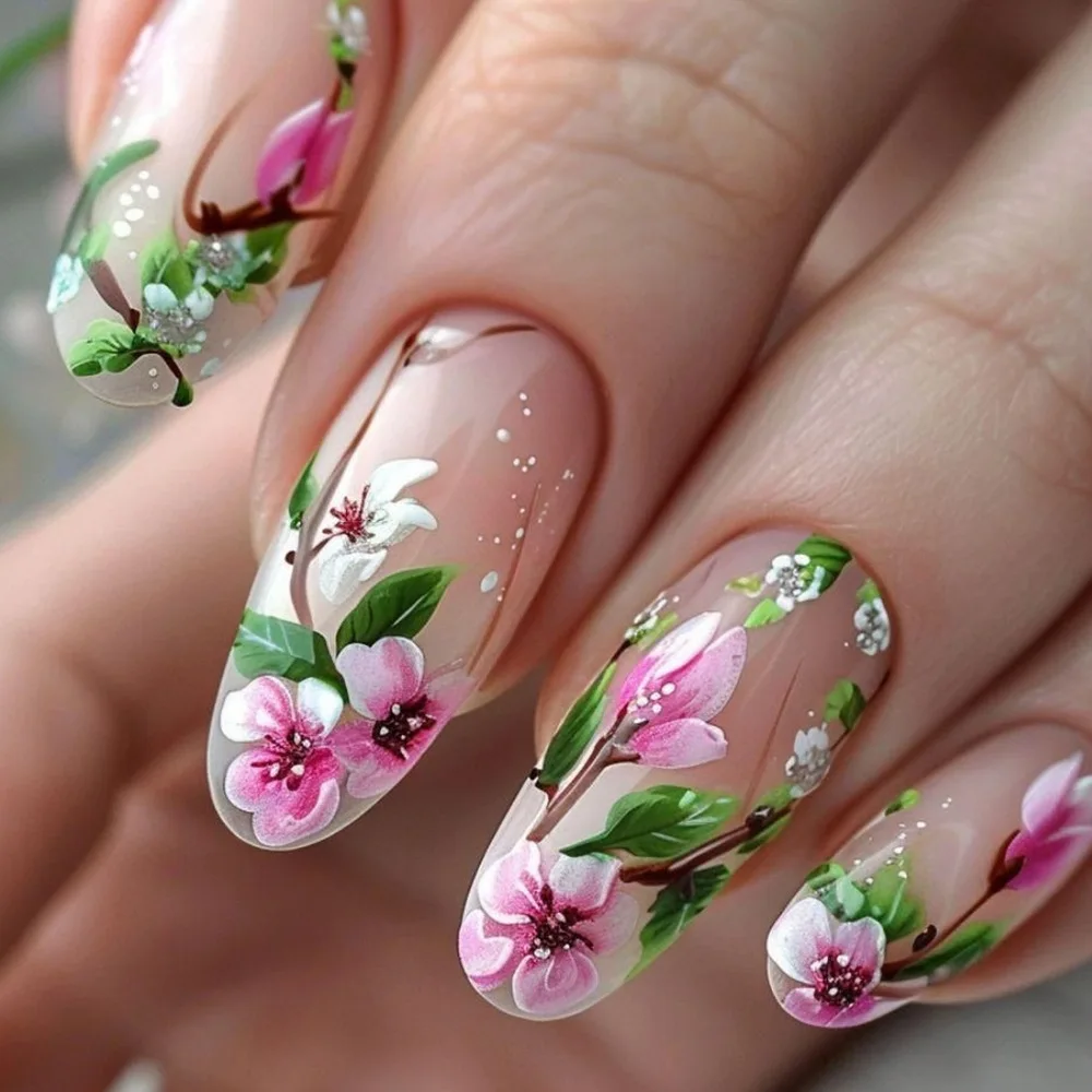 Short Almond Press on Nails 3D Flower Fake Nails with Glue Colorful Natural Acrylic False Nails Full Cover Press on Nails Set