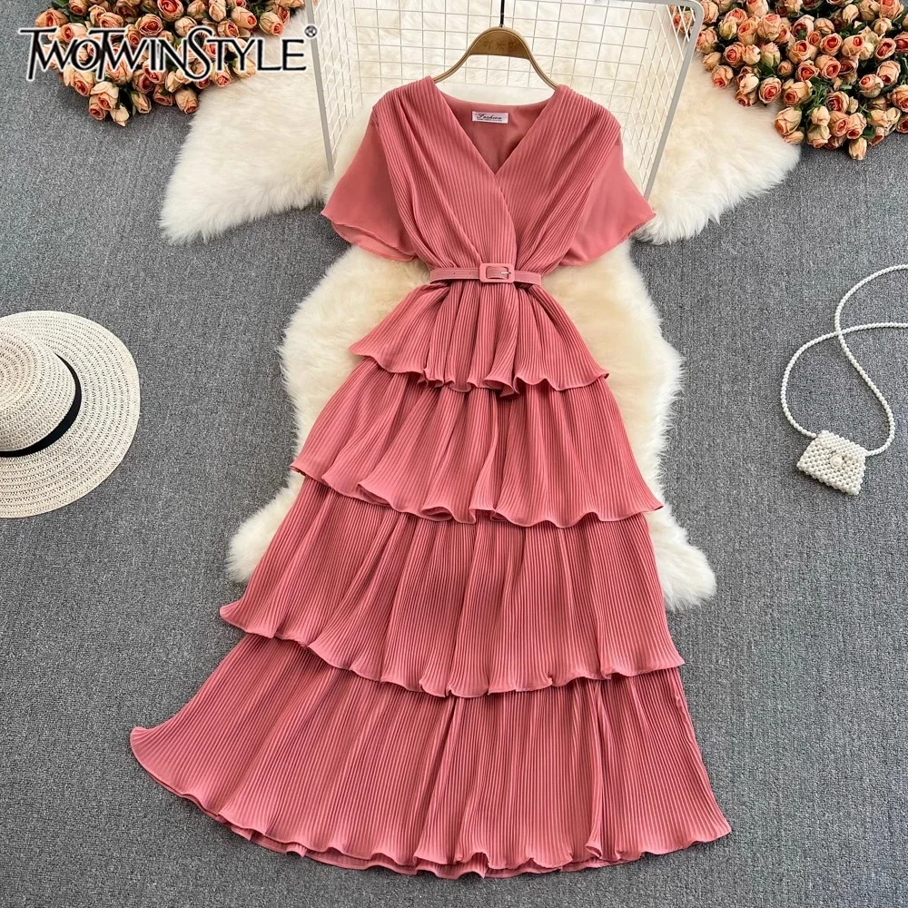 

TWOTWINSTYLE Solid Temperament Dress For Women V Neck Short Sleeve Patchwork Sashes Ruffles Midi Dress Female Fashion KDR521994