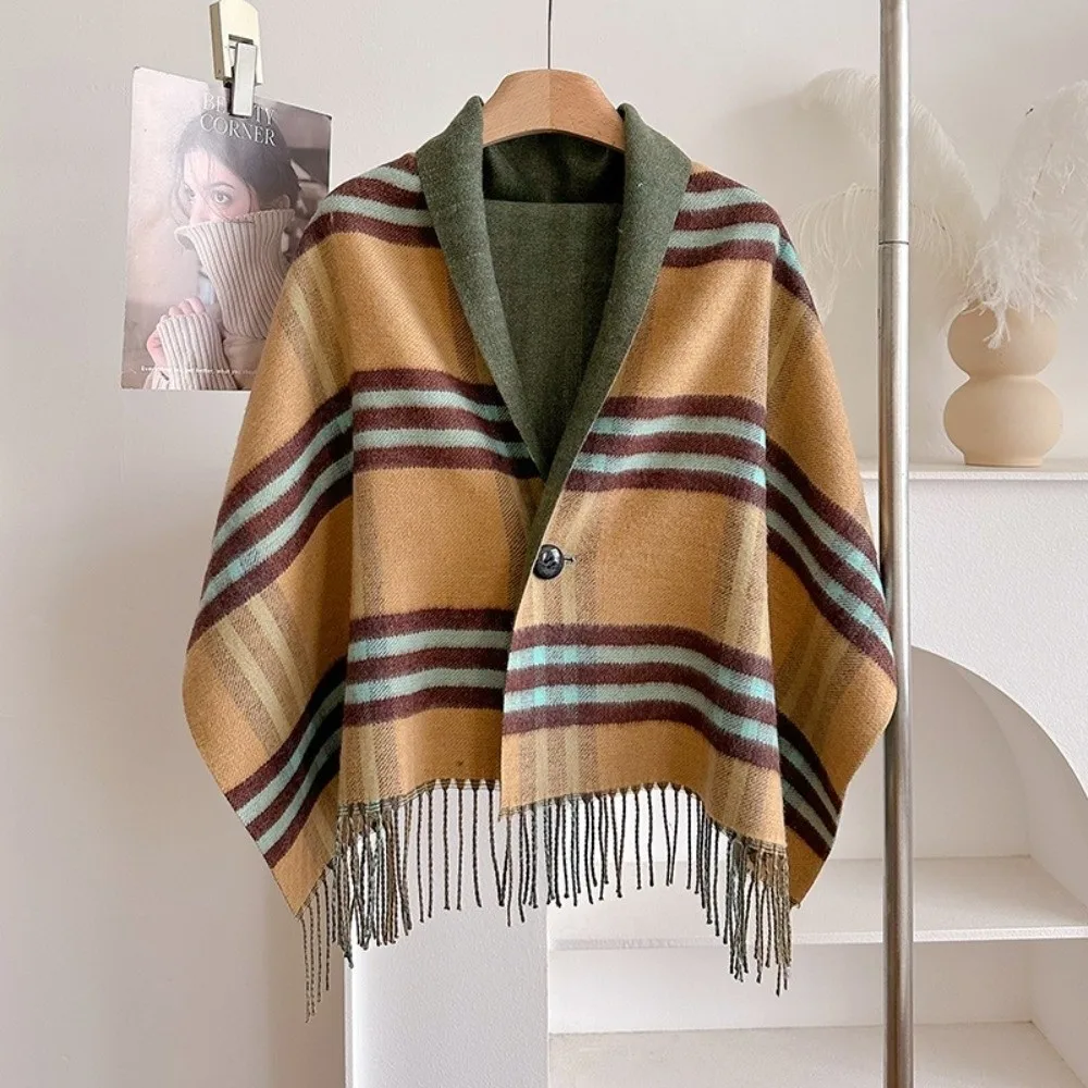 Multi-Functional Double‑Sided Plaid Poncho Shawl Thick Knit Tassel Trim Blanket Shawl Button Closure Faux Wool