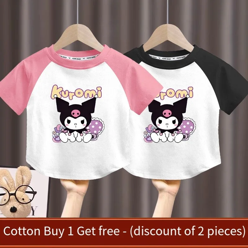 Anime Sanrios Kuromi dzieci z krótkim rękawem dziewczęce modne bawełniane t-shirt z kreskówkowym pół rękawem letnie luźne góra ubrania dla dzieci