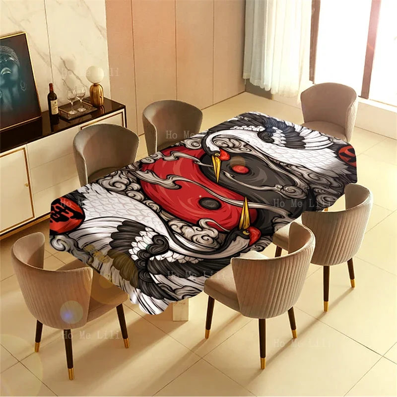 Supernatural Creature Japanese Style Yin Yang Art Red Crowned Crane Psychedelic Clouds Print Rectangle Tablecloth By Ho Me Lili