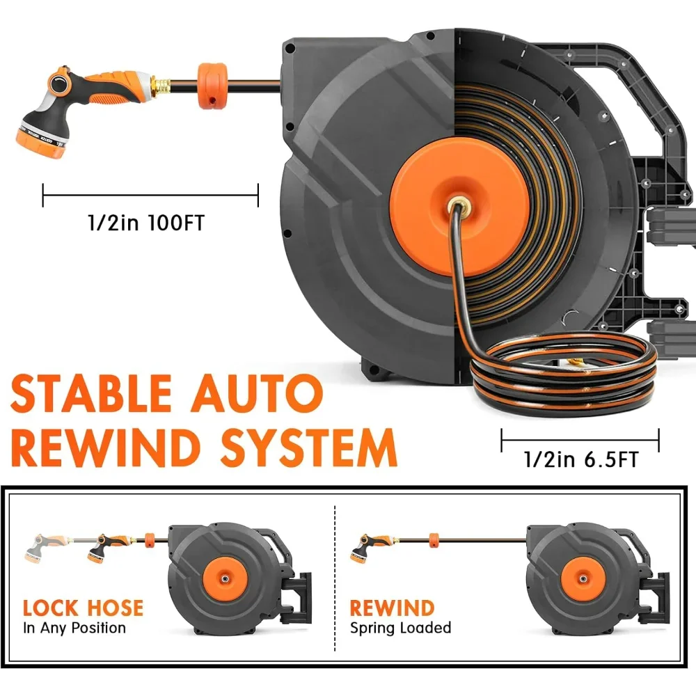 1/2'' Retractable Garden Hose Reel, Wall Mounted Water Hose Reel, Any Length Lock/Slow Return System/180°Swivel Bracket