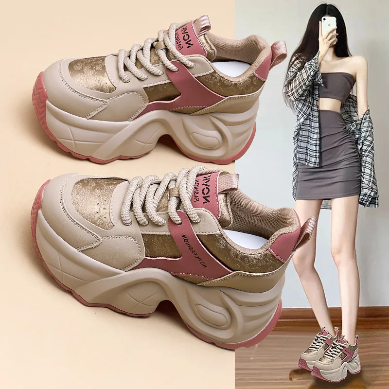 

Женские кроссовки в стиле «папины туфли» со скрытой платформой для увеличения роста, повседневные, спортивные, кожаные, дышащие, на толстой подошве, осень-зима, новинка