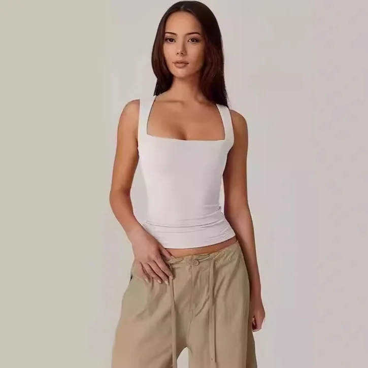 Uliczny styl, pikantna dziewczyna, modny kwadratowy dekolt, podstawowy, dopasowany krój, wyszczuplająca kamizelka, damska baza, odzież damska, styl dojazdowy, elegancki...