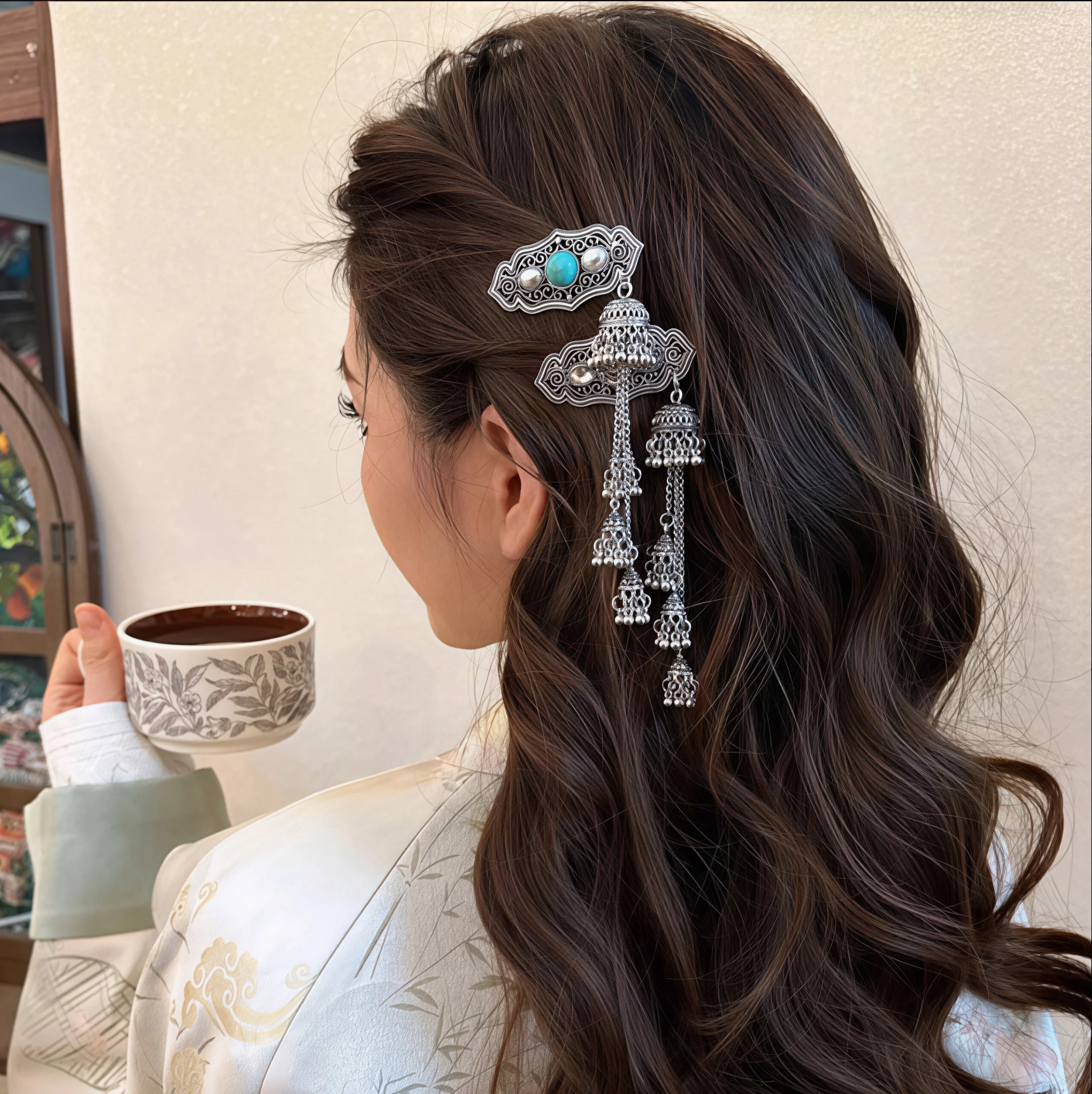 Ethnische Haarspangen im Glockenstil für Frauen, elegante Vintage-Haarspangen mit Metallquasten, trendige türkisfarbene Haaraccessoires für Mädchen – Detail 3