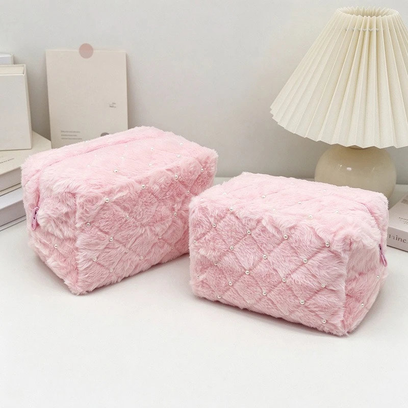 Large Capacity Pearl Plush Makeup Bag Portable Fashion Travel Toiletries Organizer Women's Cosmetic Storage Pouch Beauty Case