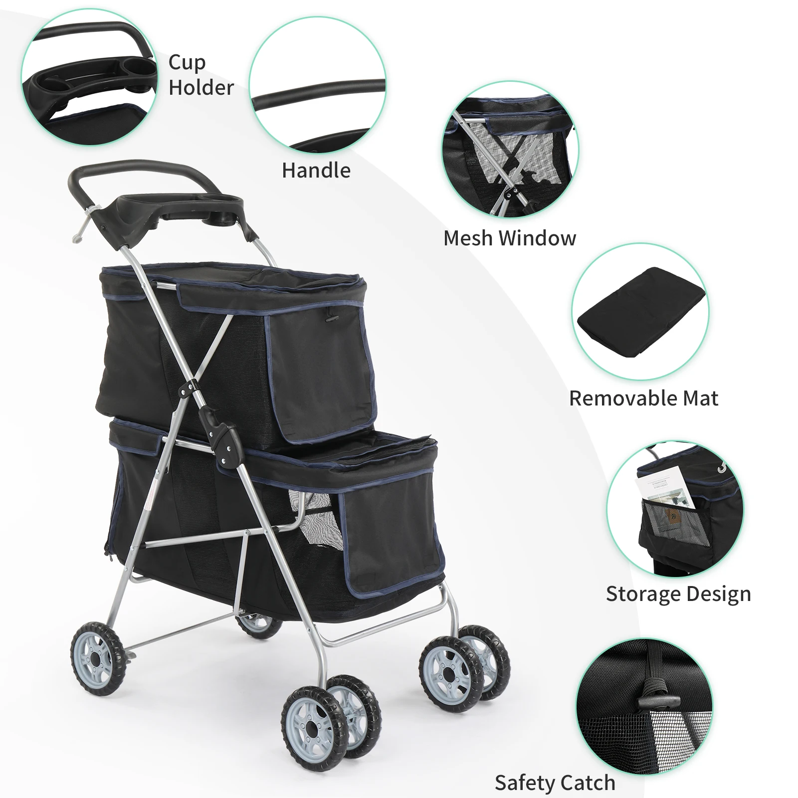 Pet Stroller for 2 Dogs/Cats, Double 4-Wheel Carrier Jogger for Small-Medium Pets, Waterproof Folding Crate with Soft Pad.