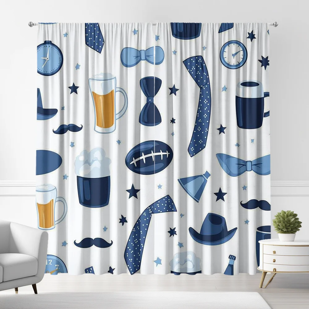 2pcs Vintage Men's Gathering Element Print Curtains, Minimalist Art Style with Rod Pocket Home Decor Curtains, Suitable for Kitc