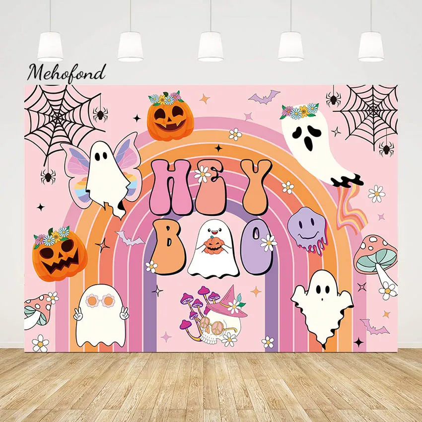 

Mehofond Hey Boo Photography Backdrop Halloween Ghost Bat Backgrounds Rainbow Pumpkin Skull Moon Baby Portrait For Photo Studio