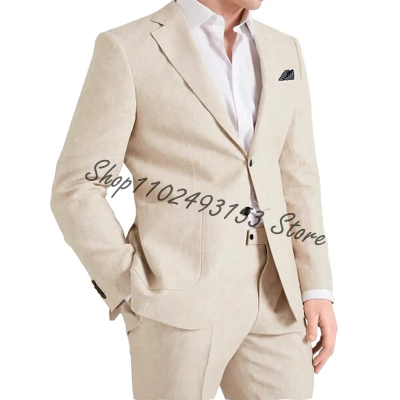 

Beige Suits Wedding Men Linen Jacket Pants 2 Pieces Casual Beach Party Groom Tuxedo Slim Fit Groomsmen Blazer Terno Masculino