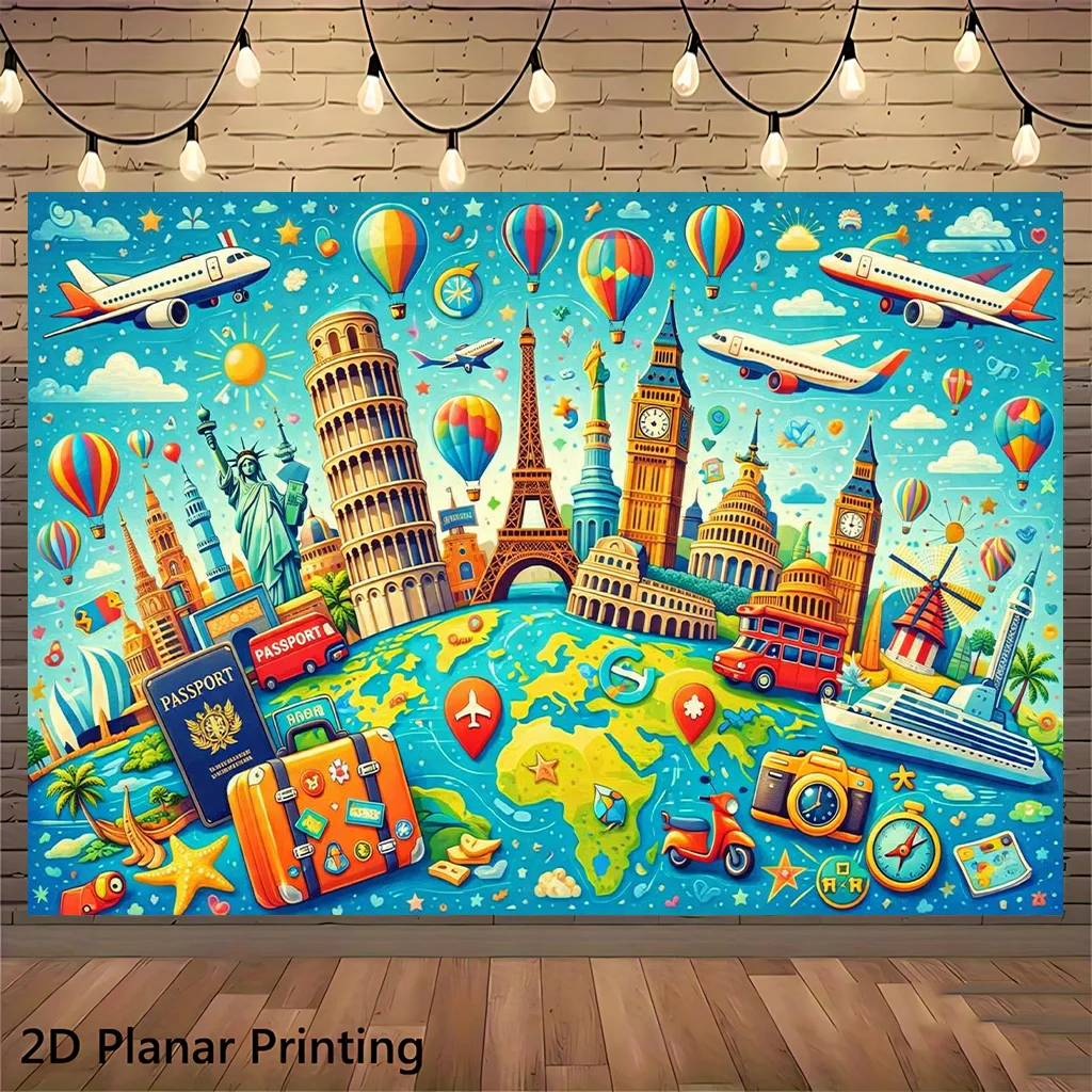 World Travel Tapestry, Famous Landmarks Wall Hanging, Vintage Map Decor, Global Tourism Art Cloth, Living Room Bedroom Ornament
