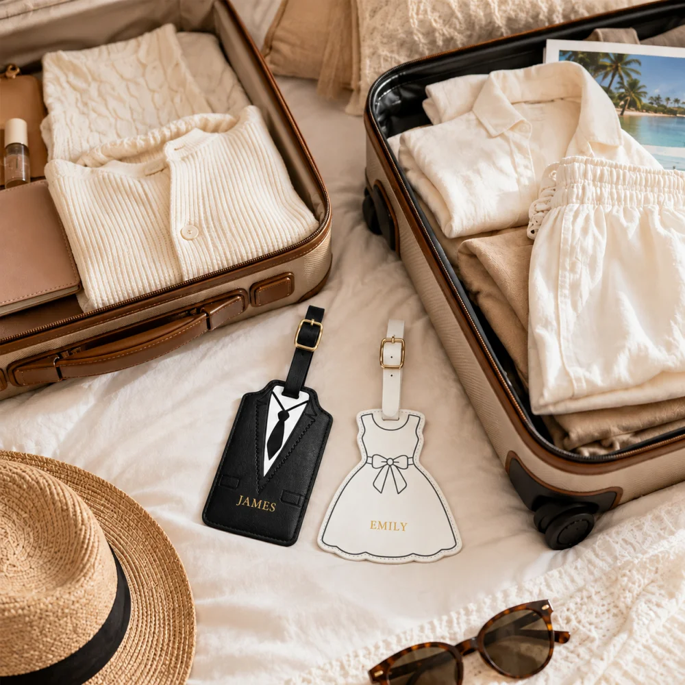 Customizable Laser Engraved Couple Travel Luggage Tags,PU Leather Bride Groom Suit‑Dress Baggage Tag Wedding Honeymoon Souvenir