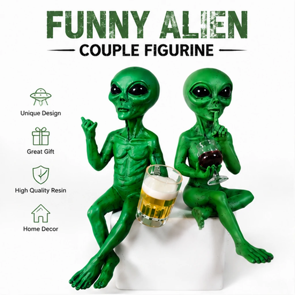 Alien Couple Resin Figurine Funny Sci-Fi Home Bar Decor Space Alien Statue Drinking Wine Beer Ornament Gift for Couples