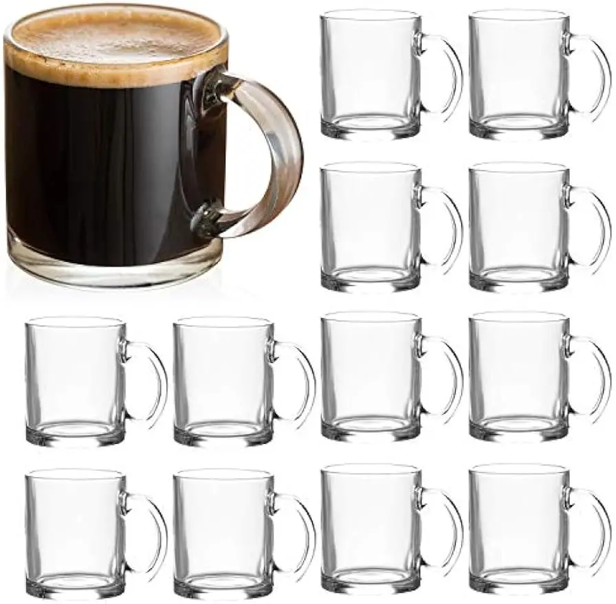 

12-Pack Clear Glass Mugs with Handle, 12 oz (350ml) for Coffee, Tea, Beer - Durable and Dishwasher Safe