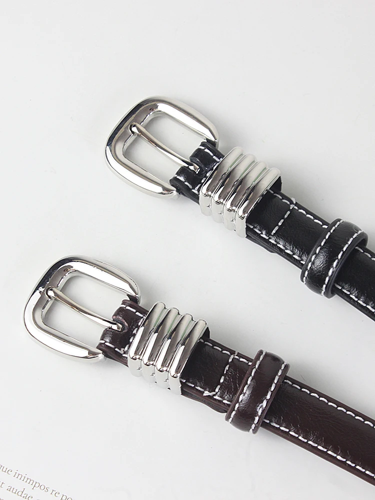 Classic Black Coffee Silver Real Cow Leather Waistbands for Women Metal Ring Buckle Waist Belts Cowskin Cinturones Para Mujer