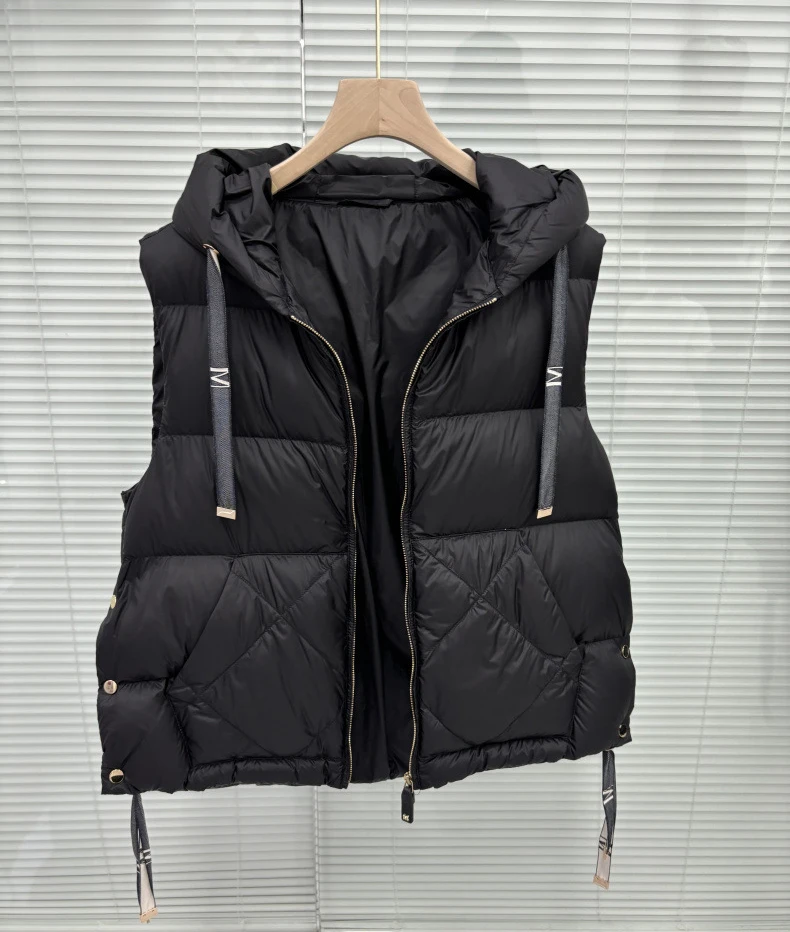 Schinteon Women 90% White Duck Down Vest with Hood Casual Sleeveless Jacket Simple Solid Color Fashionable Autumn Winter Top New