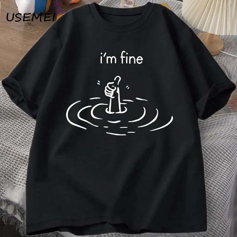 T-shirt Unisexe 'I'm Fine' avec Impression au Dos, Thème Santé Mentale, Humoristique, en Coton, Manches Courtes, Coupe Ample, T-shirt de Mode Décontracté