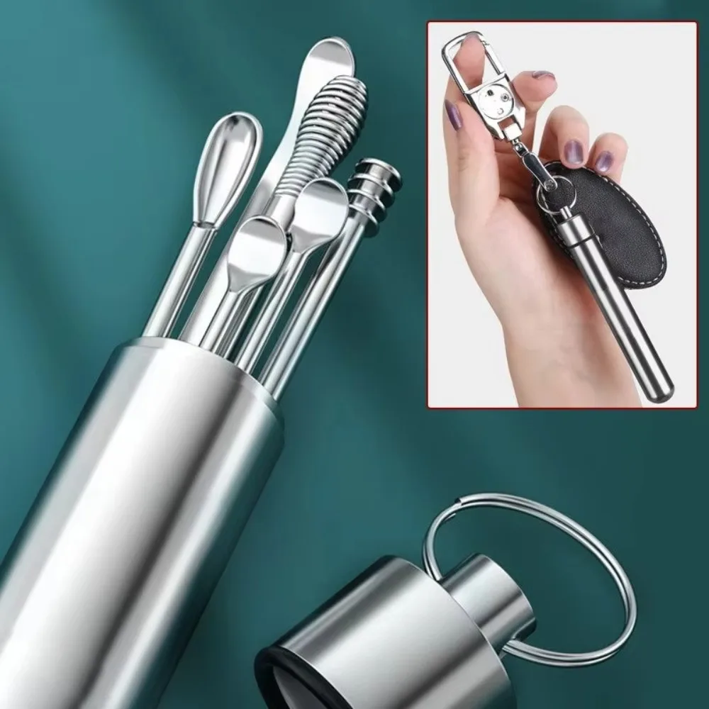 9Pcs/set New 9Pcs/Set Earwax Removal Tools Stainless Steel Easy Carry Ear Wax Cleaner Ear Care Curette Spoon Ear Clean Tool