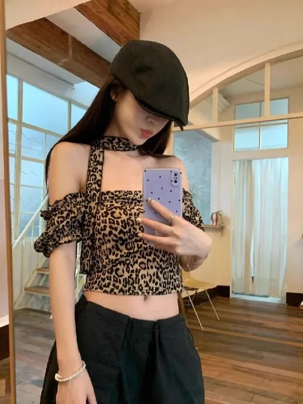 

Футболка Sweet Cool с леопардовым принтом ort Sve с квадратным воротником Bal, женская модная летняя тонкая полиэстеровая однотонная футболка для поездок на работу...