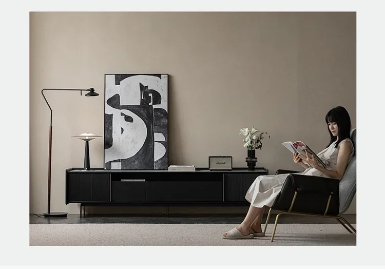 Yjq TV Cabinet Dark Jade Black Solid Wood Stone Plate TV Cabinet Storage and Storage Integrated Floor Cabinet