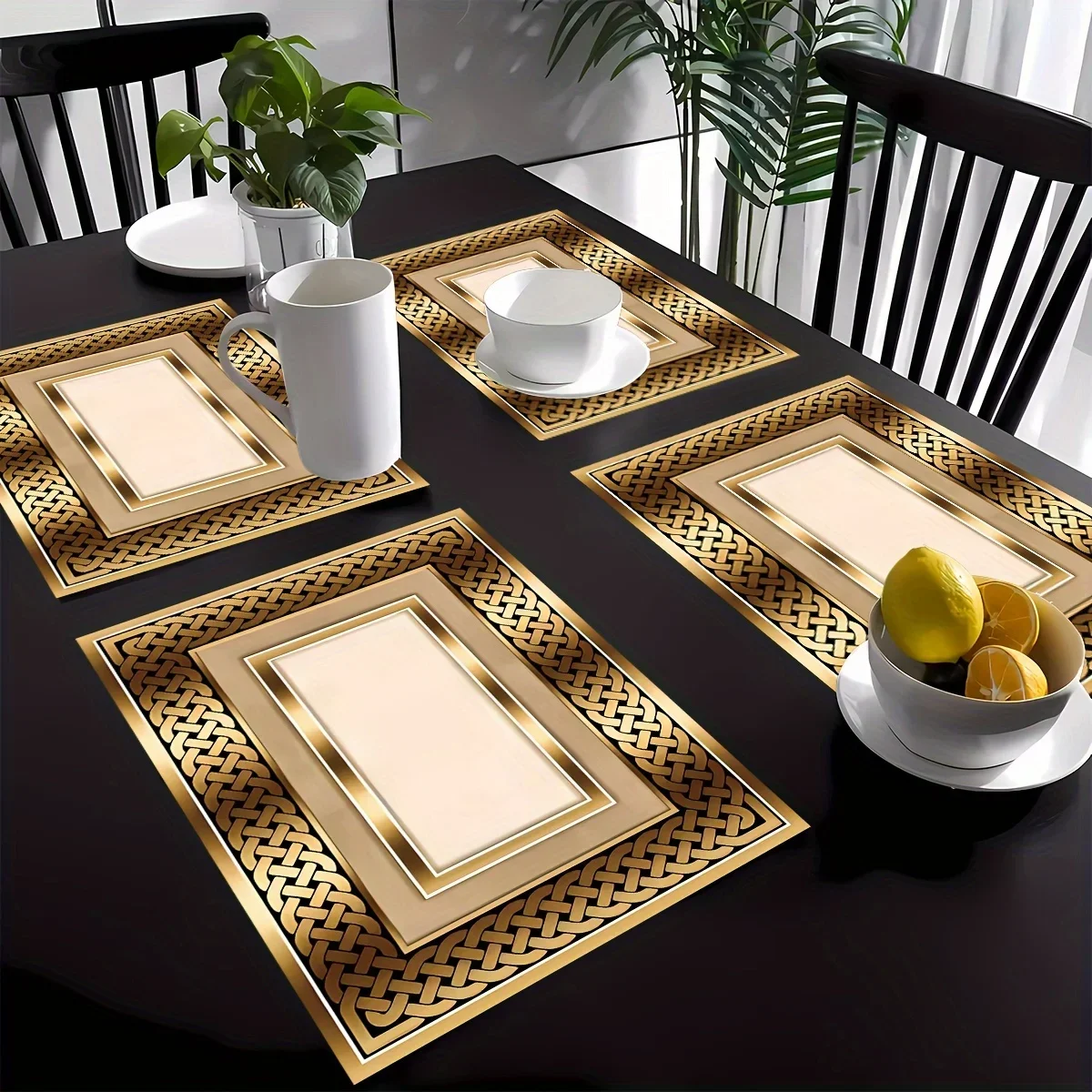 4pcs Luxurious Golden Pattern Placemats – Elegant Table Mats for Dining Room, Kitchen, Coffee Table, Restaurant & Home Decor
